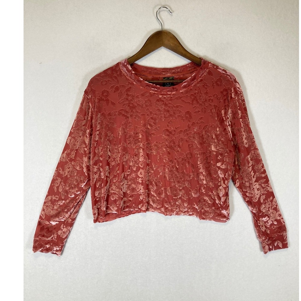 Boho Agnes & Dora Women Medium Pink Floral Burnout Velvet Long Sleeve Crop Top